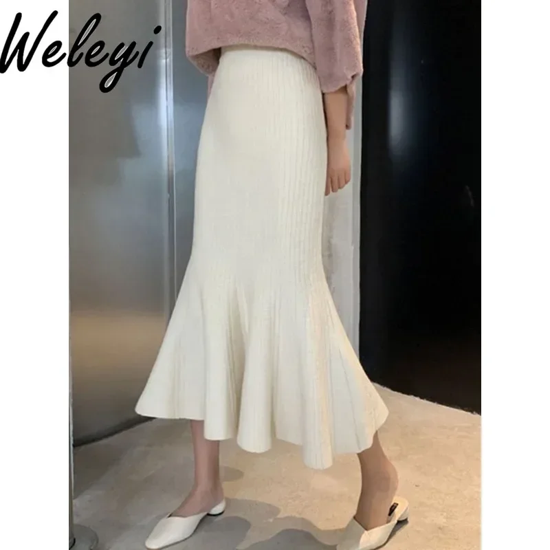 

Women's Kawaii Knitted Skirt Spring Autumn European and American Fashion High Waist Mid Length Sheath Jupes A Line Elegant Falda