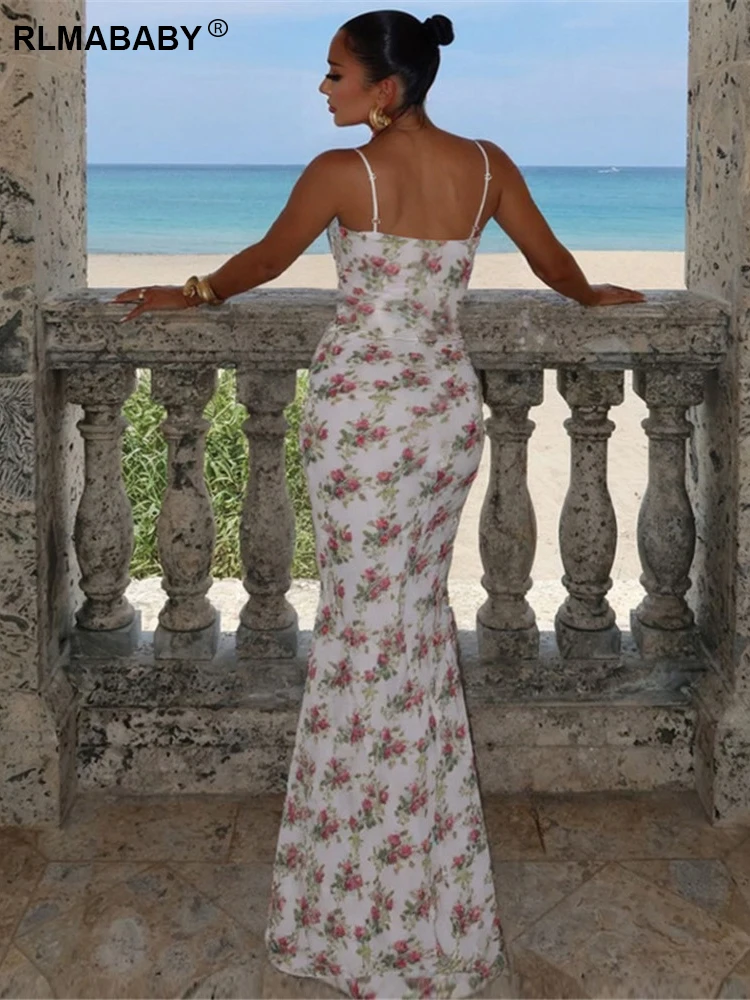 RLMABABY جديد طباعة الأزهار مشد المرأة ماكسي Bodycon فستان الصيف السباغيتي حزام عارية الذراعين ثوب أنيق مثير غمد فستان طويل #6