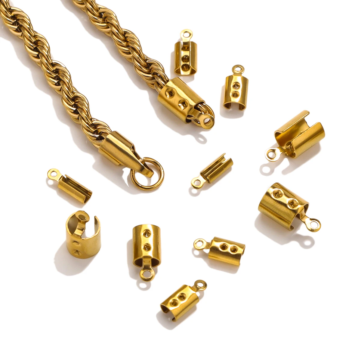 50pcs Stainless Steel pvd plated 18k gold Crimp End Beads Caps Leather Cord Clip Tip Fold Crimp Bead Bracelet DIY Connectors