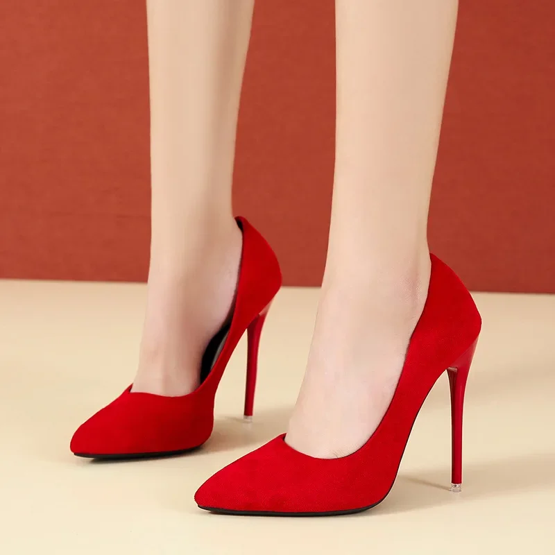 Super High Stiletto Heels Pumps Women Office Flock Pointed Toe Thin Heel Party Shoes Woman Plus Large Size 44 45 zapatos mujer