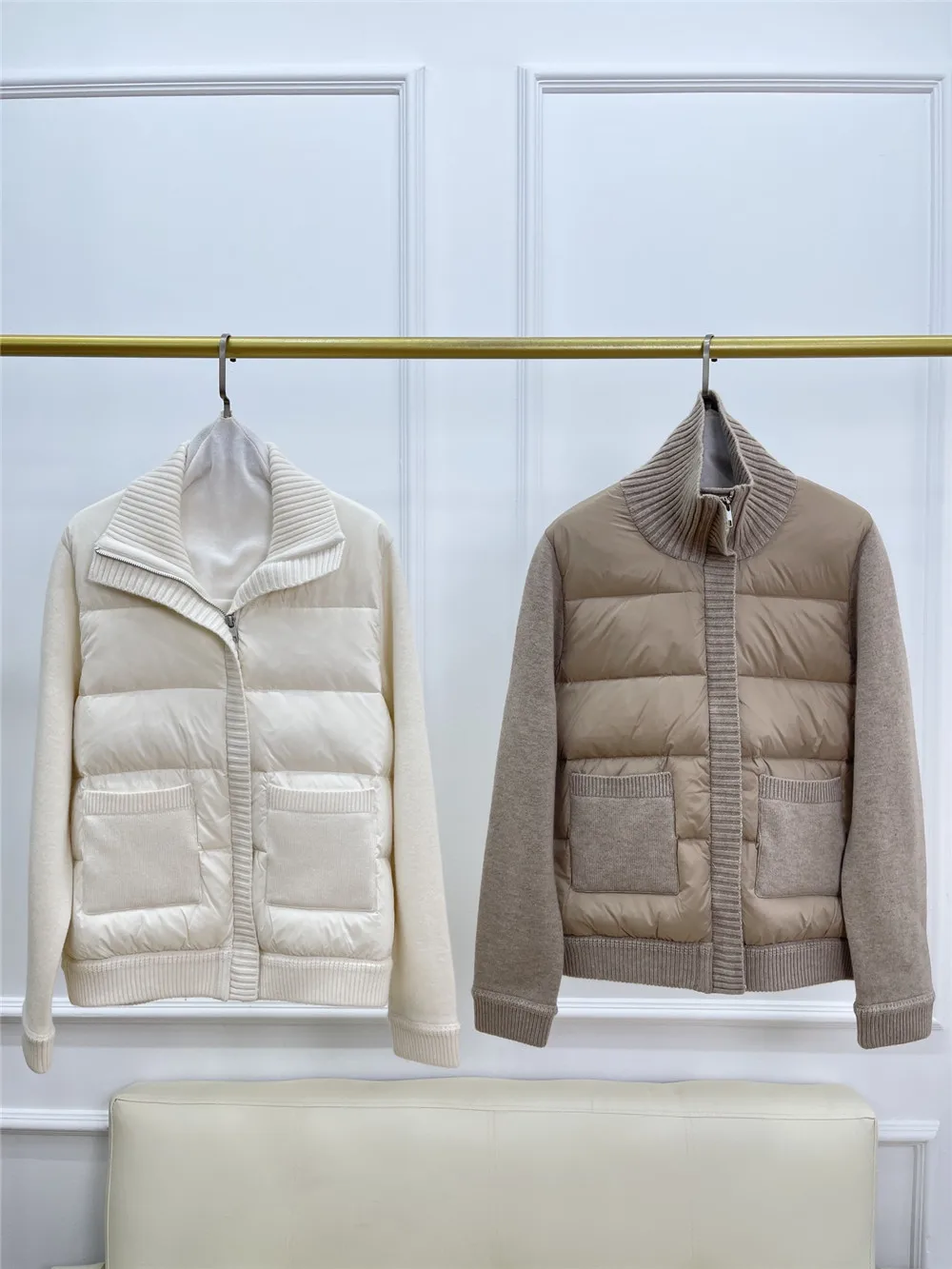 Cashmere Knitted Sleeve Paneled Goose Down Zipper Down J acket Coat Woman Autumn Winter L*p