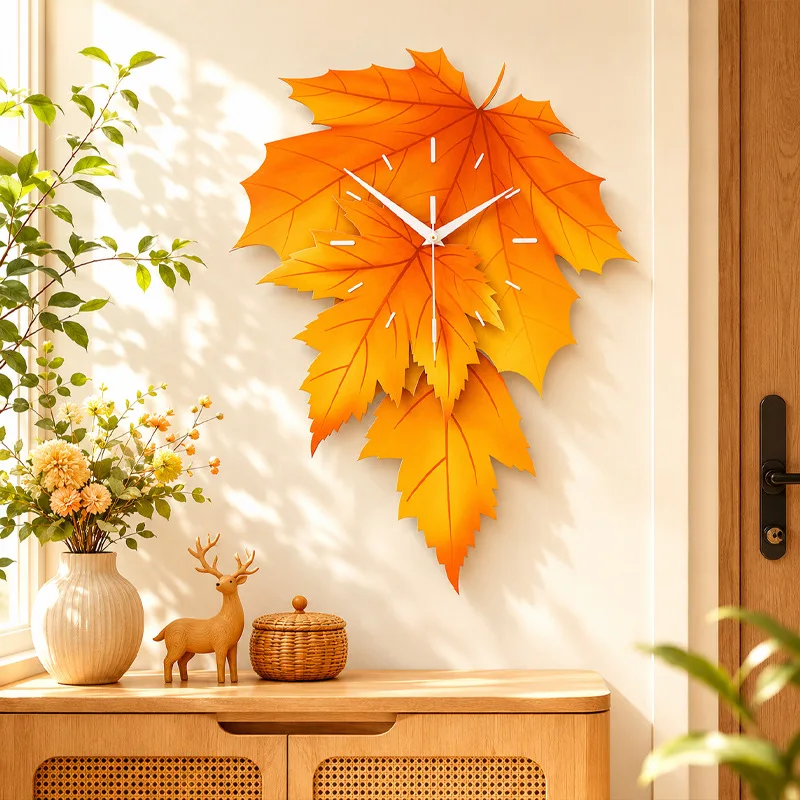 Leaves Shape Acrylic Wall Clock Modern Style No-Drilling Creative Large Size Living Room Decorative Timepiece