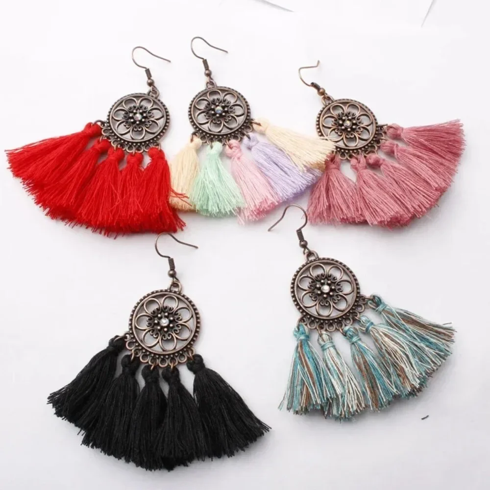 FSUNION New Ethnic Bohemian Drop Dangle Long Rope Fringes Retro Tassel Earrings Red Sector  For Women Party Jewelry Gift