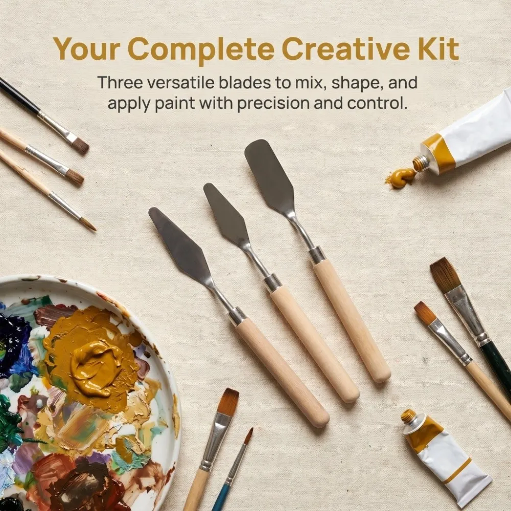 3PCS Wooden grip Painting Palette Knives Assorted blade shapes Metal blade Oil Painting Texture Tools Pigment mixing ready