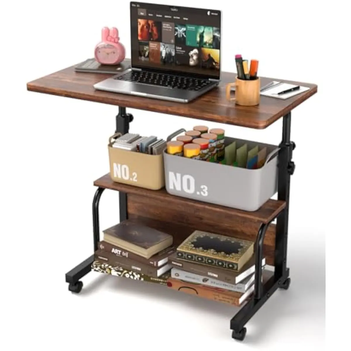 Compact mobile desk with height adjustment 28-36.4 in, wheeled base for easy relocation, rustic wood finish, three-tier waterpro
