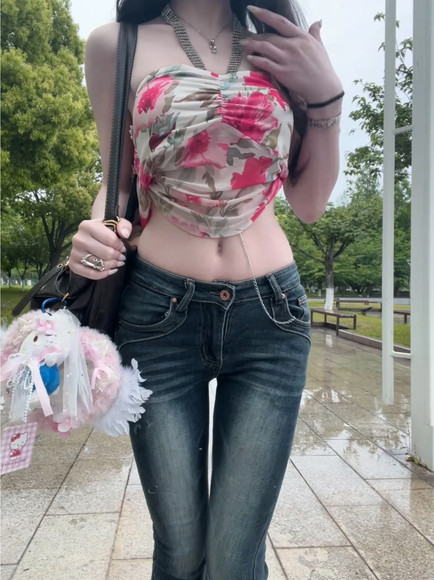 

American Style Spicy Low Waist Wide Leg Jeans Women's Design Versatile Slimming Hip Lifting Retro Flared Pants Cotton Elastic...