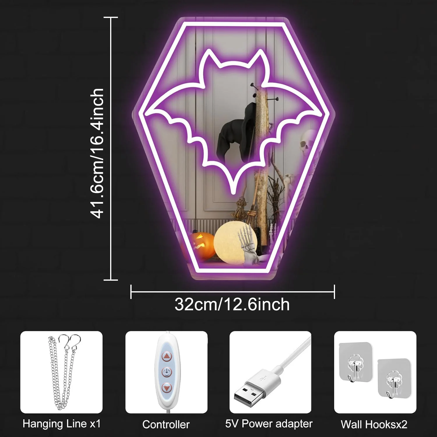 Coffin Bat LED Neon Light - USB Powered, With Dimmer, Adjustable Brightness, Perfect for Halloween Decor, Themed Parties