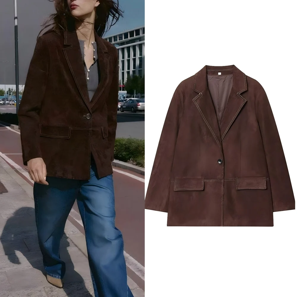

Women's new fashion flip decoration loose versatile straight suit jacket retro long sleeved Button-up women's Coat chic top