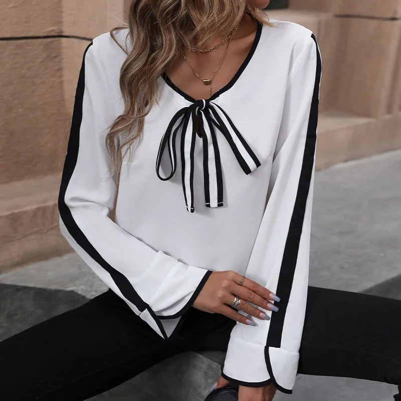 New Long Sleeved Pullover Bow Color Blocked Round Neck Shirt for Women