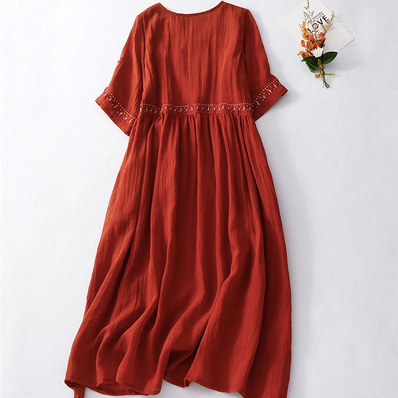 2024 Summer Retro Loose Embroidery New Round Neck Short-sleeved Cotton Linen Dress