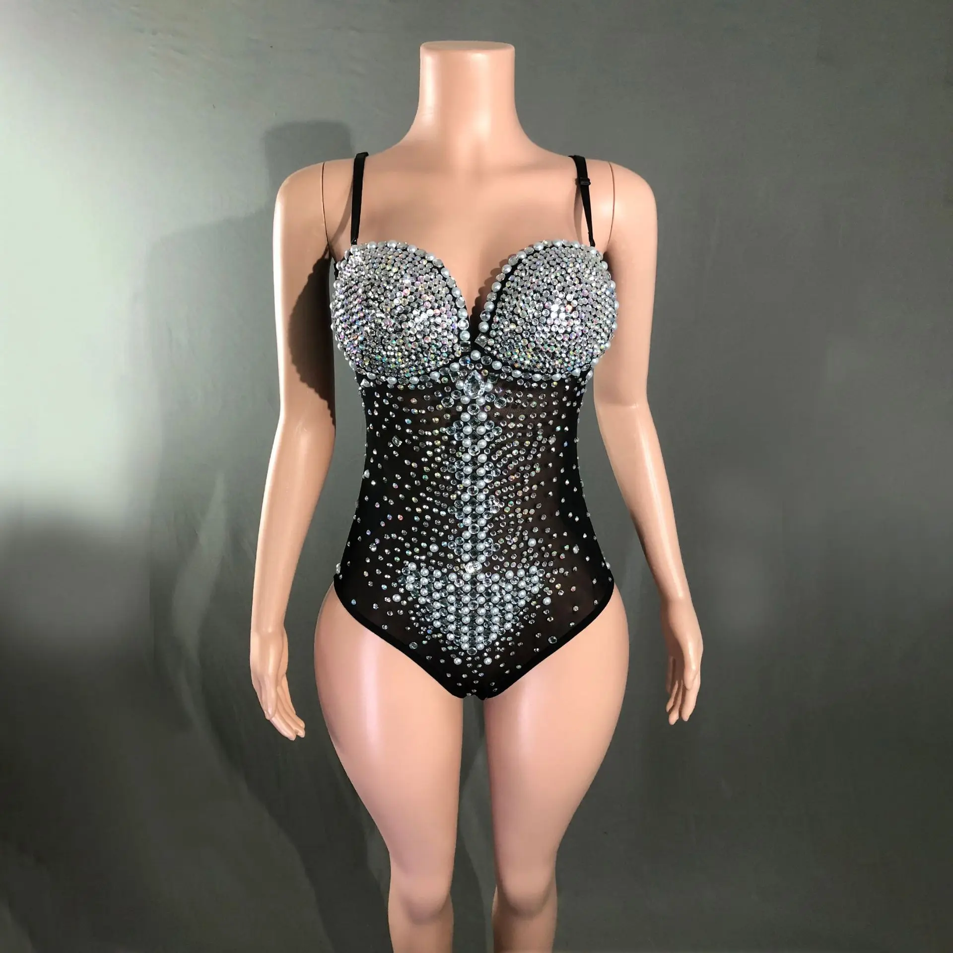 

Hot Diamond Mesh Onesie Sexy Female Singer Triangular High Fork Stage Performance Suit Luxury Prom Dresses Abendkleider Hochzeit