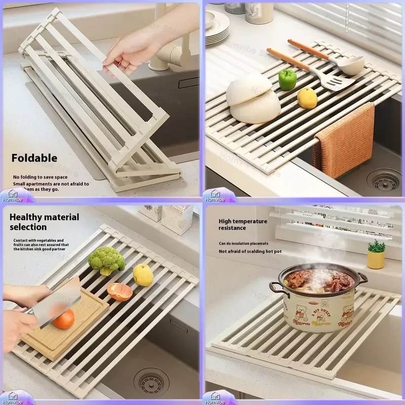 304 Stainless Steel Foldable Kitchen Sink Drain Rack Storage Basket with Silicone Pad Roller Shutter Design for Dish Drying