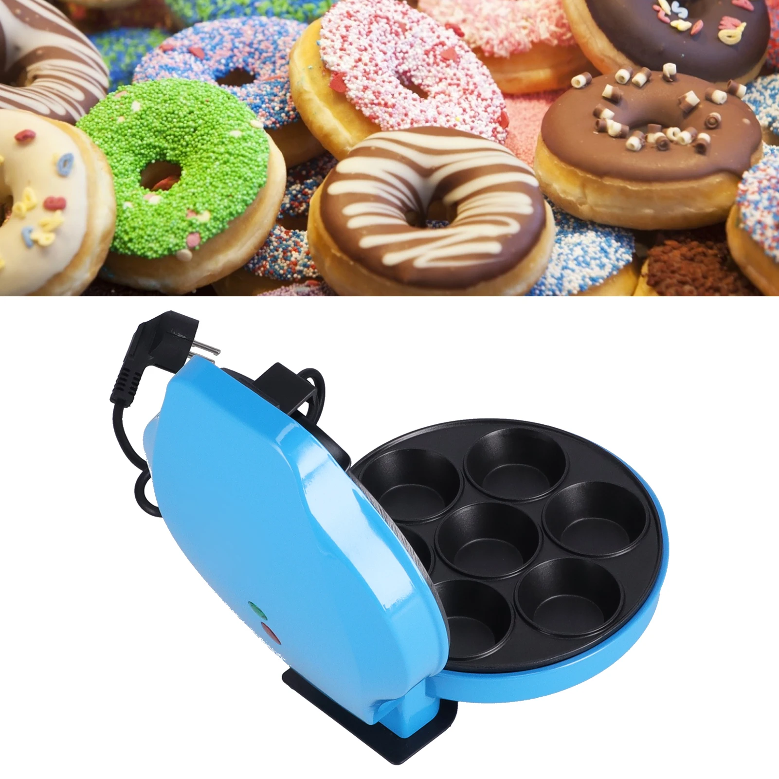 Máquina multifunción para hacer desayuno, máquina para hacer rosquillas de 7 agujeros, taza calefactora de doble cara, fabricante de pasteles, 1200W