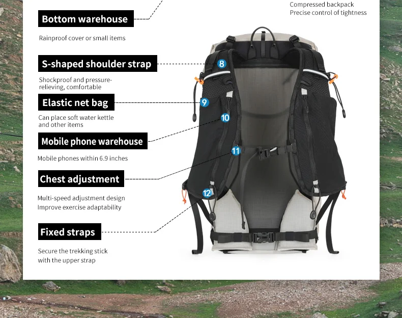 Wanderrucksack für Männer und Frauen, 30L Wasserdichter Camping-Rucksack mit Regenschutz, Leichter Outdoor-Sport-Reiserucksack – Detail 7