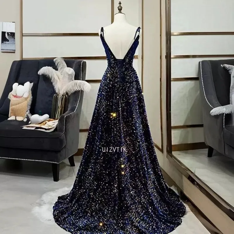 Vestidos de noite personalizados femininos, lantejoulas pretas, alça sgaphetti, renda até o chão, plus size, vestido formal de festa feminino