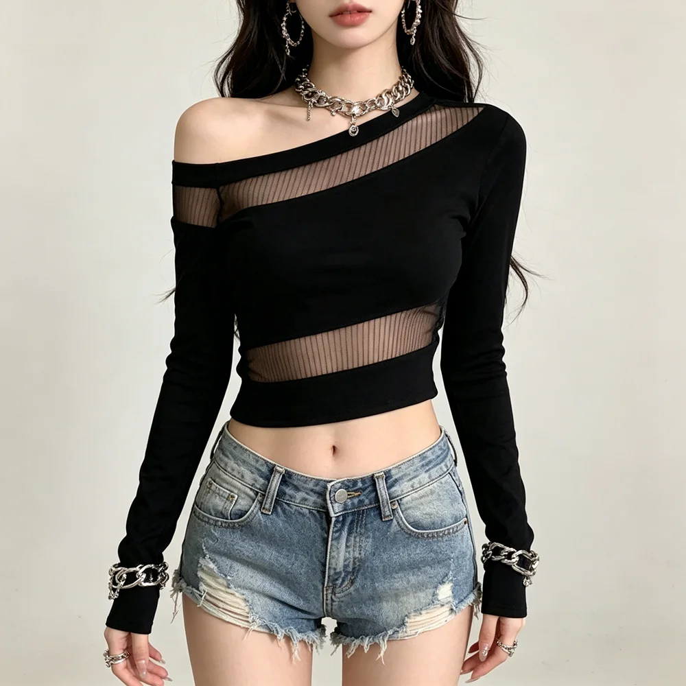 2026 Summer Sexy Perspective Mesh Skew Collar T Shirt Women Long Sleeves  Y2K Bottoming Tee Shirt Street Fashion Slim T-shirt