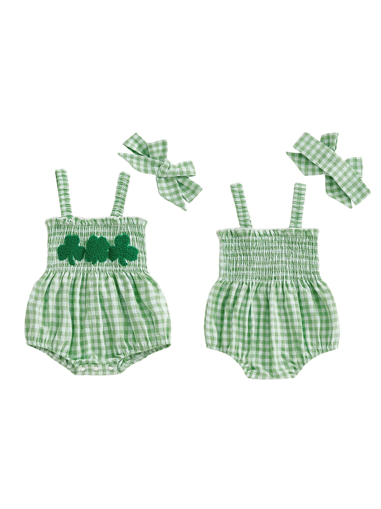 

Комплект из 2 предметов для маленьких девочек на День Святого Патрика, клетчатый комбинезон без рукавов с квадратным вырезом и вышивкой клевера, с подходящей повязкой на голову