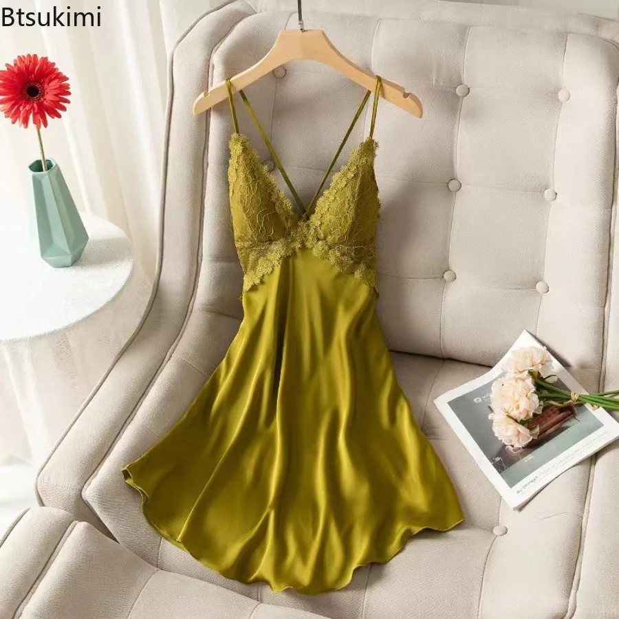 

New 2025 Summer Women's Sexy Night Dress Lace Nightgown Lingerie Backless V-neck Nightwear for Women Satin Nightdress Homewear