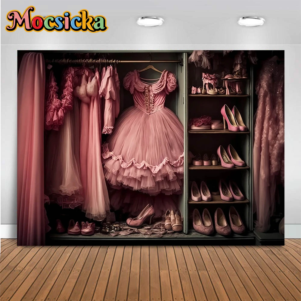 

Mocsicka Girl Party Classical Wardrobe Background Wallpaper Prop Pink Dress High Heels Cabinet Photography Backdrop Booth Banner