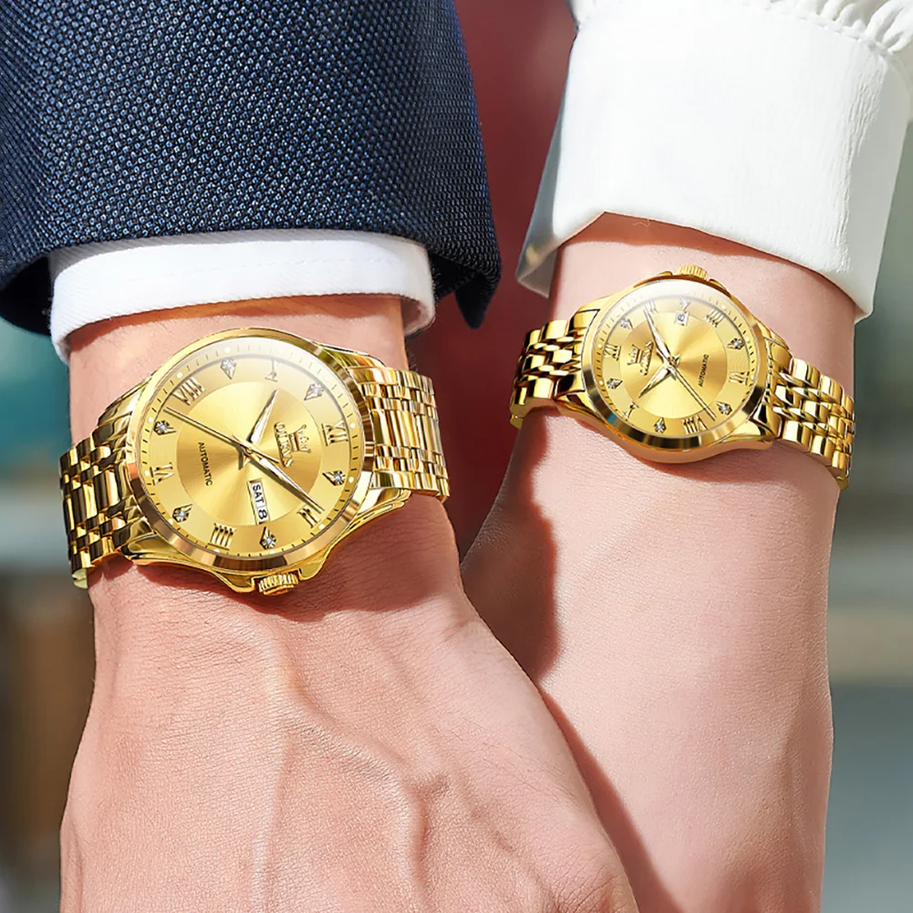 OLEVS 6702 العلامة التجارية الأصلية الفاخرة التلقائي ساعات الزوجين زوج مجموعة للنساء والرجال مقاوم للماء الذهب الميكانيكية عاشق ساعة اليد #5