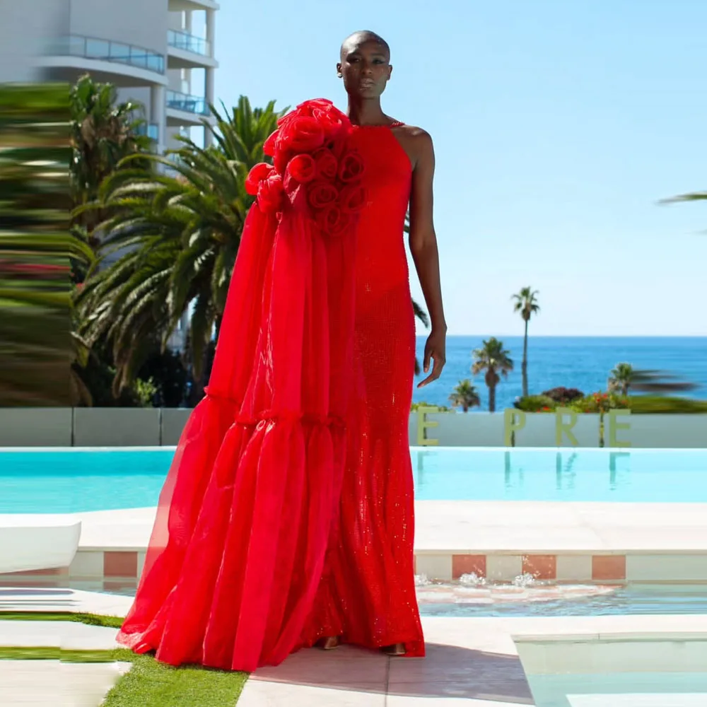 빨간색 루즈핏 여성 파티 드레스 섹시한 핸드메이드 꽃 장식 원숄더 블랙 걸즈 셀럽 생일 드레스 정장 가운