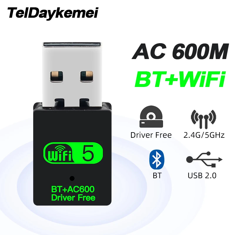 WiFi Bluetooth 5.0 USB-адаптер 2в1 Dongle 600 Мбит/с двухдиапазонный