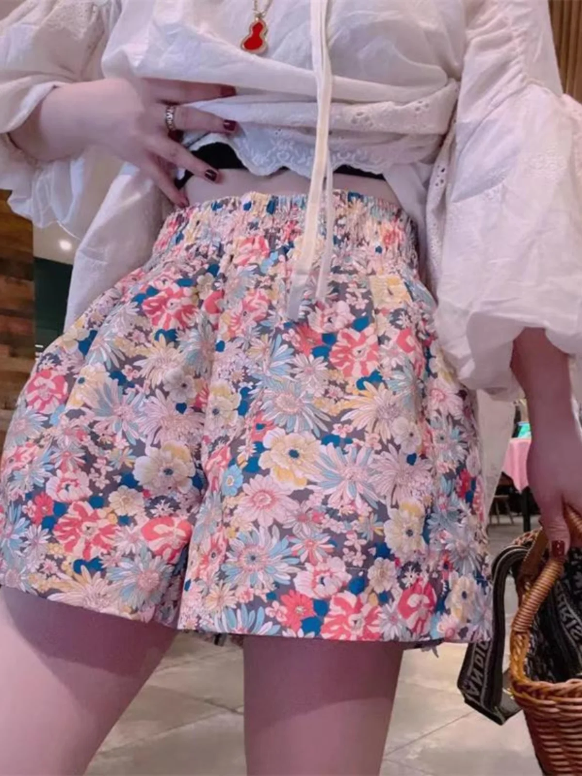 Plus Size Casual Dun Thuis Vrije tijd Strand Bloemen Dames Orts Hoge taille Wijde pijpen Broek Zomer Hotpants Asymmetrisch ontwerp