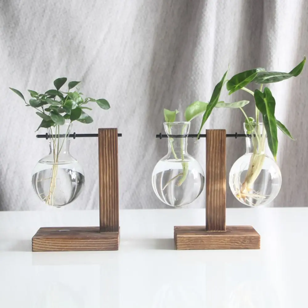 Terrarium Hydroponic Plant Vases Vintage Flower Pot Transparent Vase Wooden Frame Glass Tabletop Plants Home Bonsai Decor