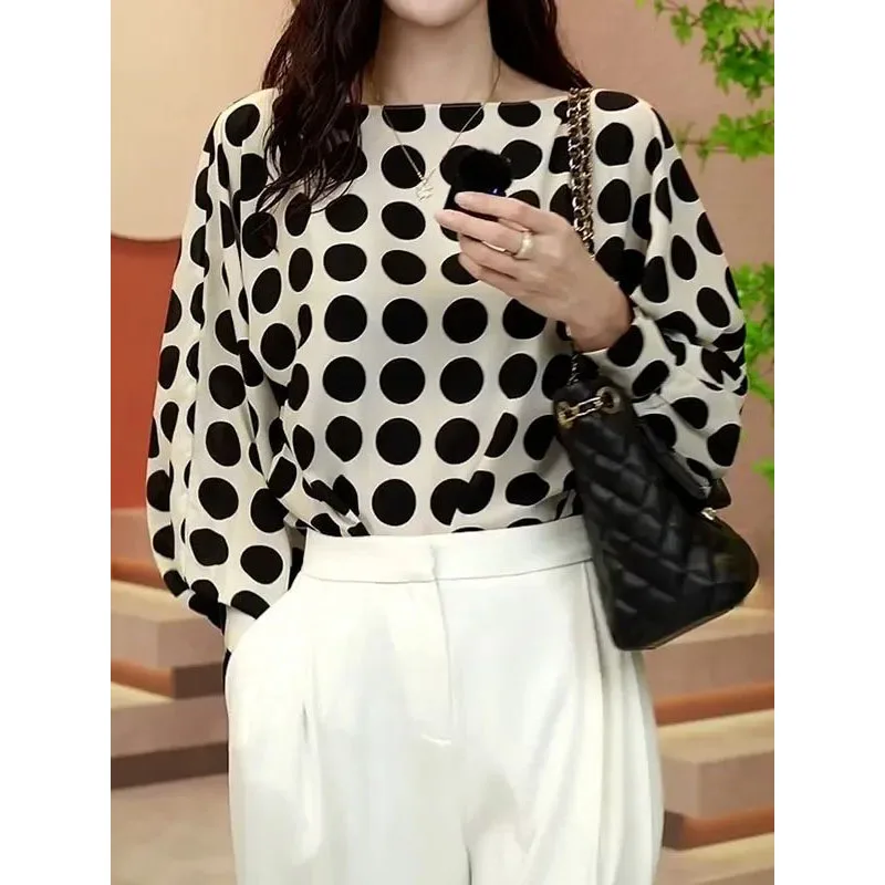 New Women's Spring Autumn Pullovers One Line Collar Polka Dot Spliced Fashion Versatile Loose Casual Long Sleeve Chiffon Tops