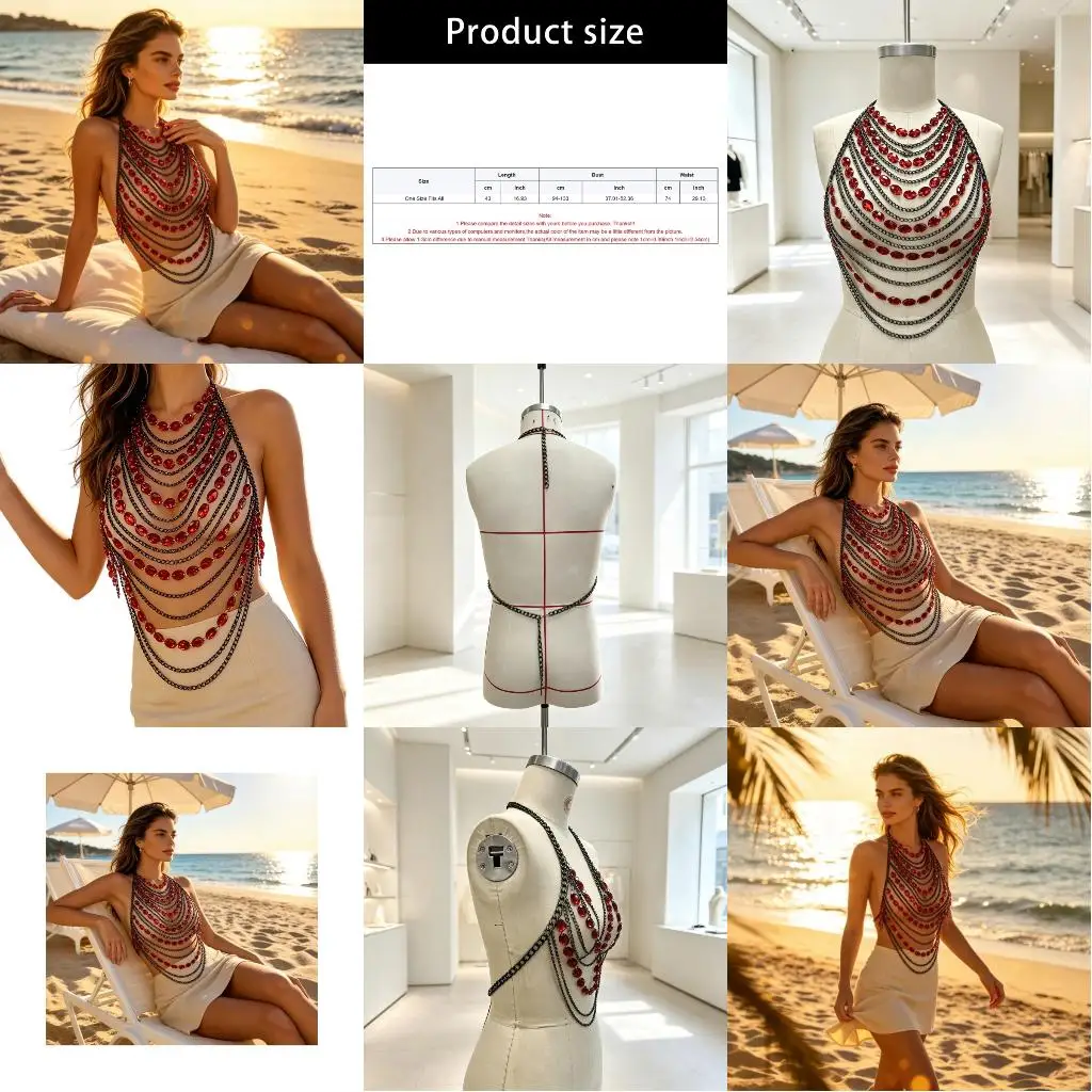 Multi Row Body Jewelry Necklace With Red Oval Detail and Draped Chain Form, Statement Chest Accessory for Festival Outfit and