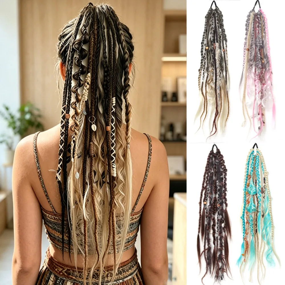 24inch Fashion Dreadlocks Crochet Hair Ponytail Braid Wigs for Women Boho Braided Ponytail Hair Extension with Elastic Hair Tie