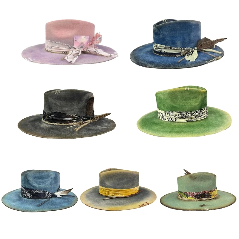 

Versatile Unique Wool Felt Hat with Distressed Hats Wide Brim for Men and Women T8NB