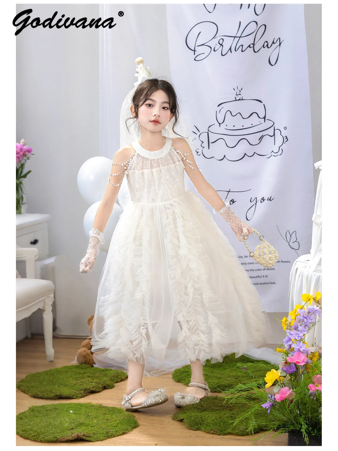 Sweet Baby Girls White Mesh Princess Maxi Dress New 2026 Summer Fashion Sleeveless Sequin Pearls Birthday Party Halter Dress