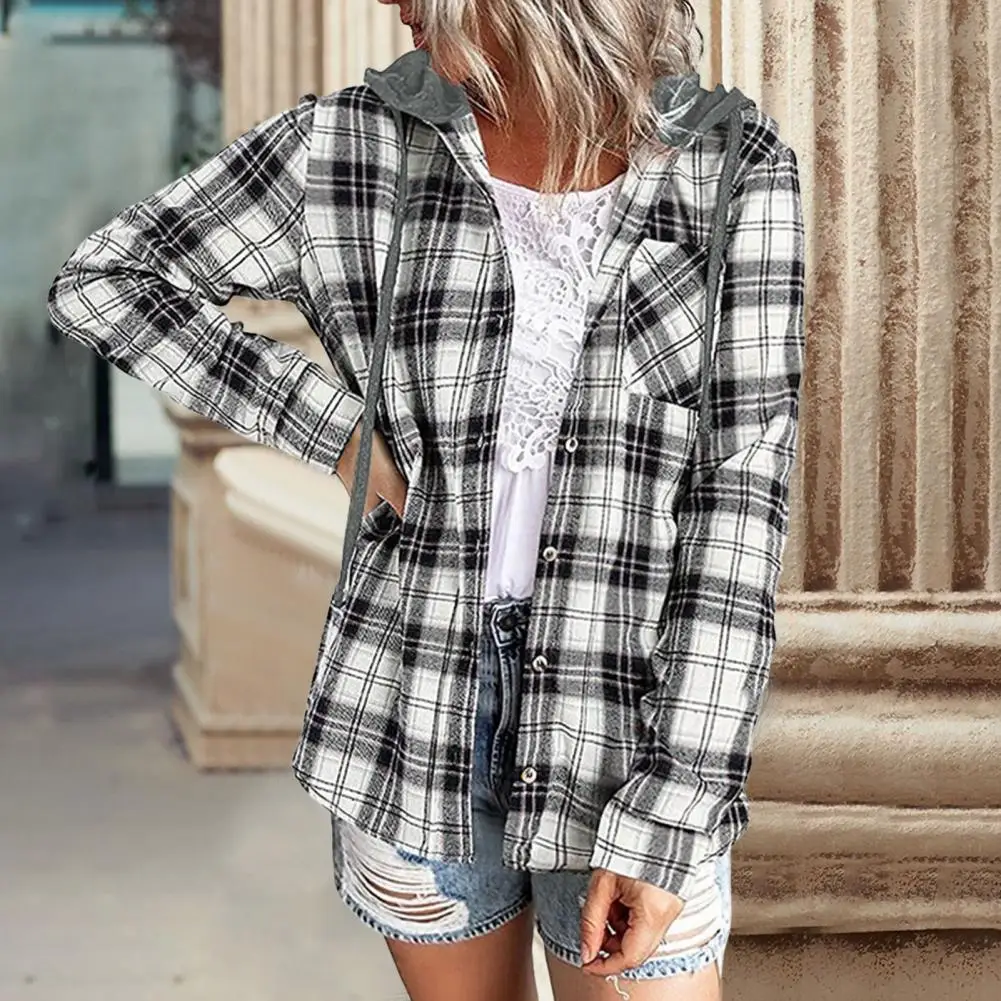 Long Sleeve Single-breasted Patch Pocket Drawstring Autumn Shirt Classic Plaid Print Casual Hooded Sweatshirt Shirt Female Cloth