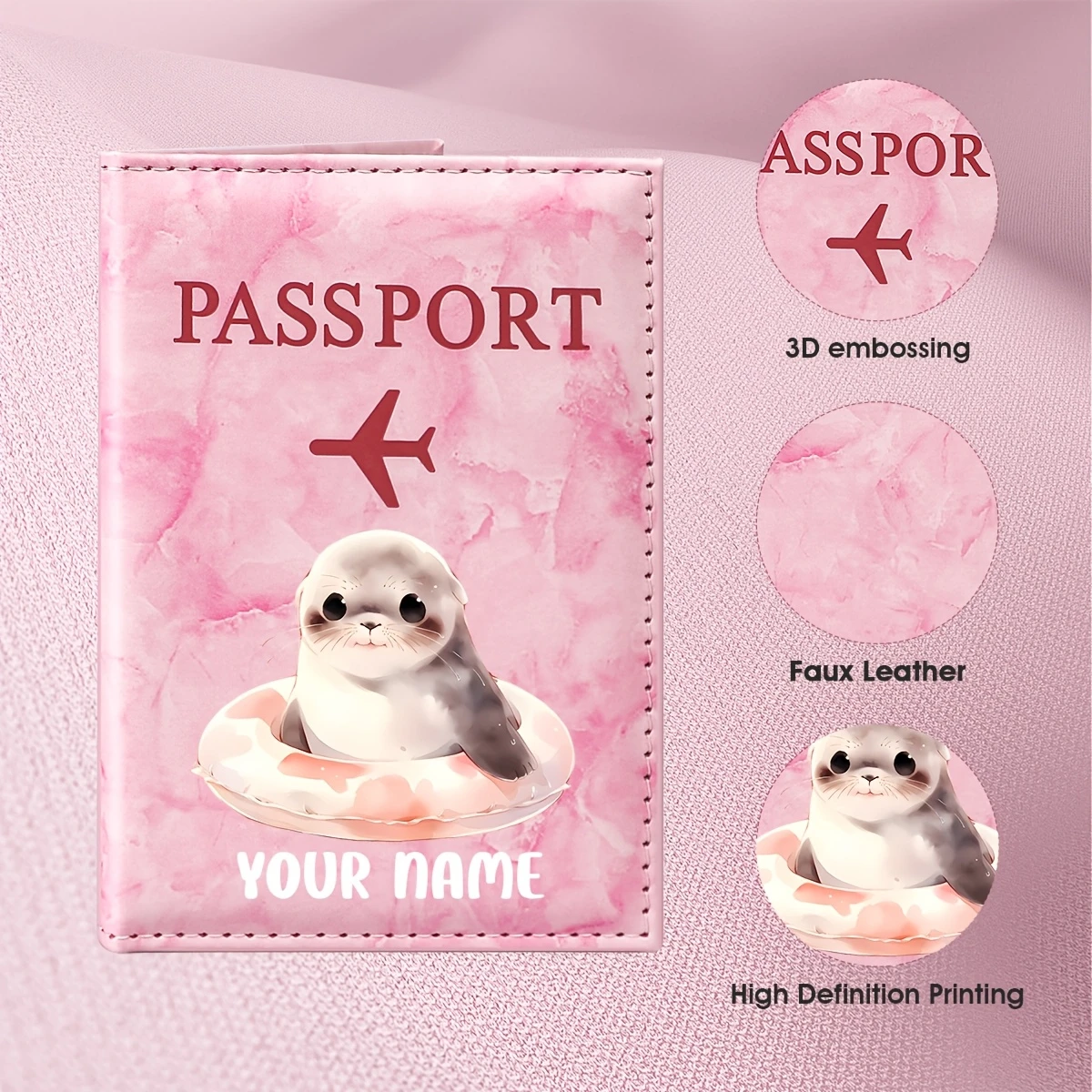 Personalized Name Custom Cute Seal Illustration Design Passport Holder, Cute Marine Animal Pattern Presents Warm Healing Style
