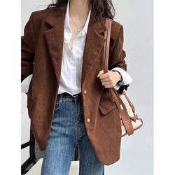 Vintage Corduroy Blazer Women Korean Long Sleeve Jackets Elegant Commute Suit Coats Fall Winter Ladies Casual Outerwear Tops New