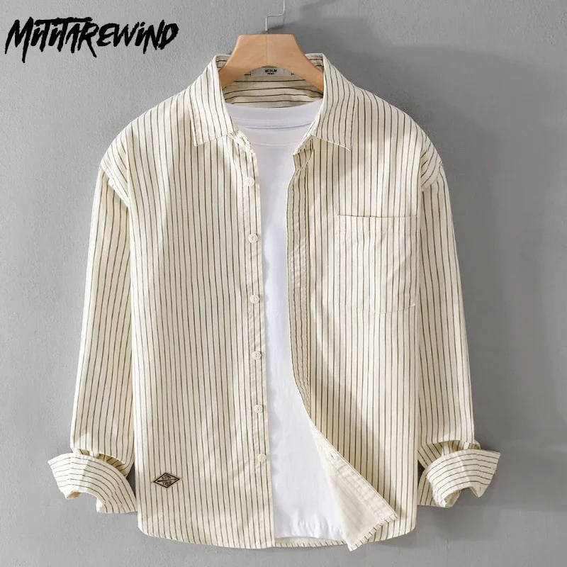 

Рубашка с длинным рукавом в японском стиле, мужская повседневная рубашка из чистого хлопка, полосатая рубашка на пуговицах с лацканами, мужские весенне-летние простые топы