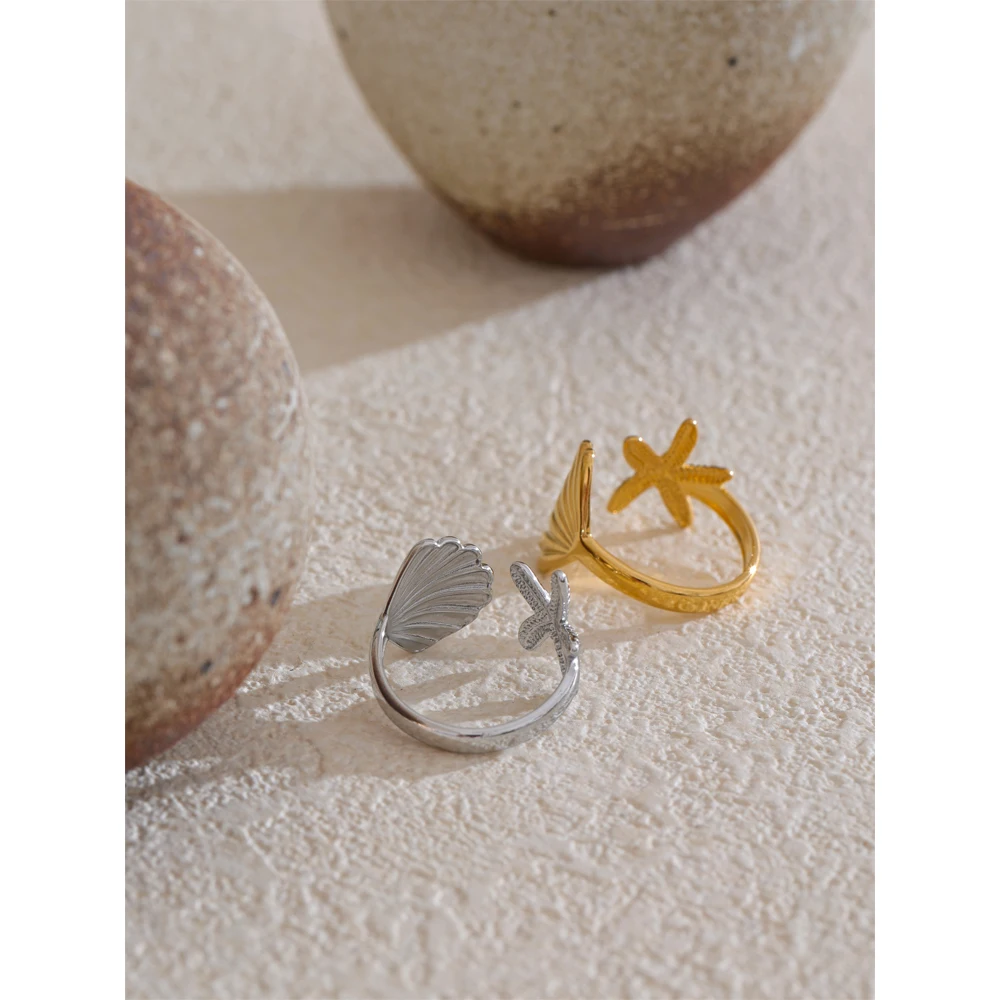 Yhpup Ocean Style Stainless Steel Metal Shell Starfish Adjustable Summer Ring for Women Beach Charm Finger Jewelry High Quality