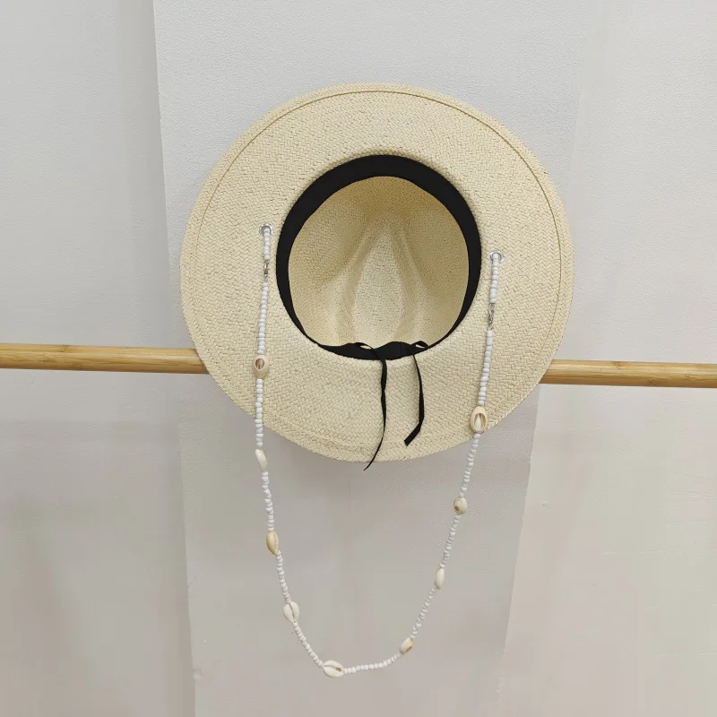 Summer Panama Hats for Women Sun Hat with Long Shell Conch Chain Straw Hats Vintage Style Fedora Female Outdoor Travel Beach Hat