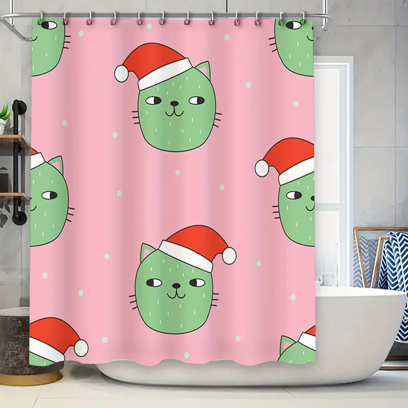 

Adorable Christmas Cat Shower Curtain for Bathroom Decor Pink Color with Red Hat Pattern Easy Installation for Kitchen or Bathtu