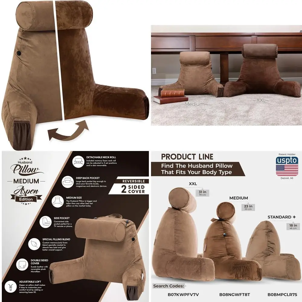 

Ультра-удобная коричневая подушка-седло среднего размера с подлокотниками для чтения приседаний и отдыха в кровати, съемный рулон шеи — премиальный размер