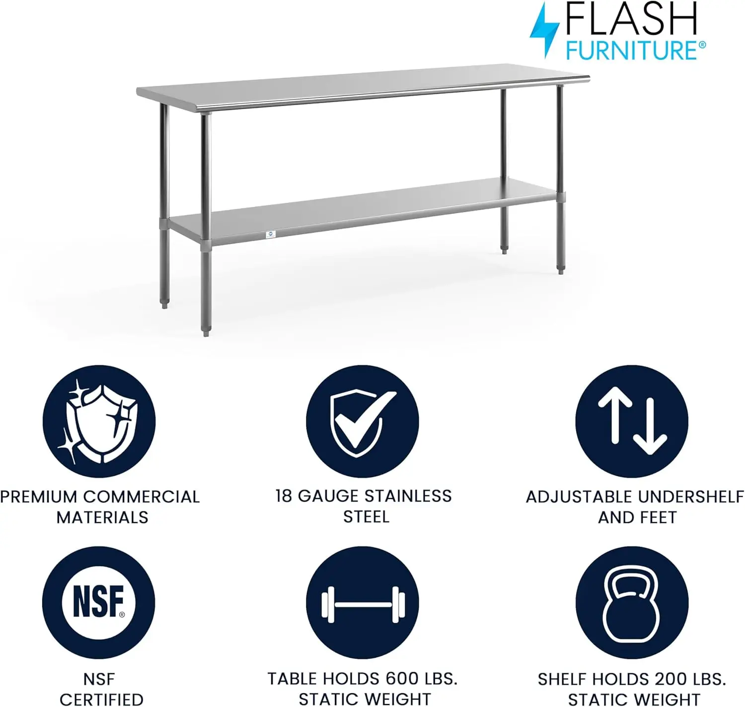 Steel Kitchen Prep and Work Table, Commercial Work Table with Undershelf Storage, 72