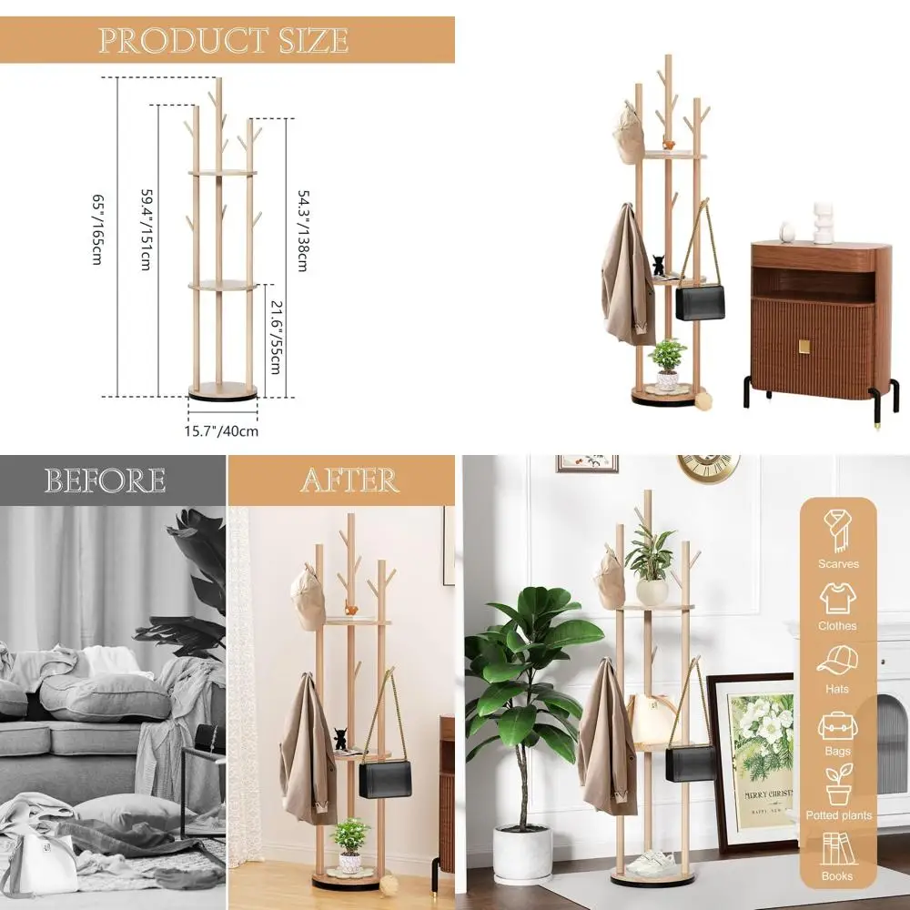 

Напольная 3-ярусная деревянная вешалка для одежды с 3 полками и 9 крючками для домашнего хранения