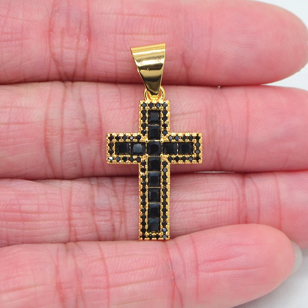 High Quality Gold Color Men Women Black Cubic Zirconia Cross Charm Pendant Jewelry