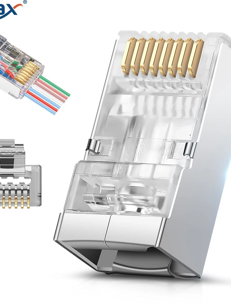 ZoeRax 50szt Ekranowane złącza przelotowe RJ45 Cat6 Cat6A - 3-bolcowe pozłacane końcówki Ethernet 8P8C do kabla sieciowego FTP/STP — zdjęcie 2