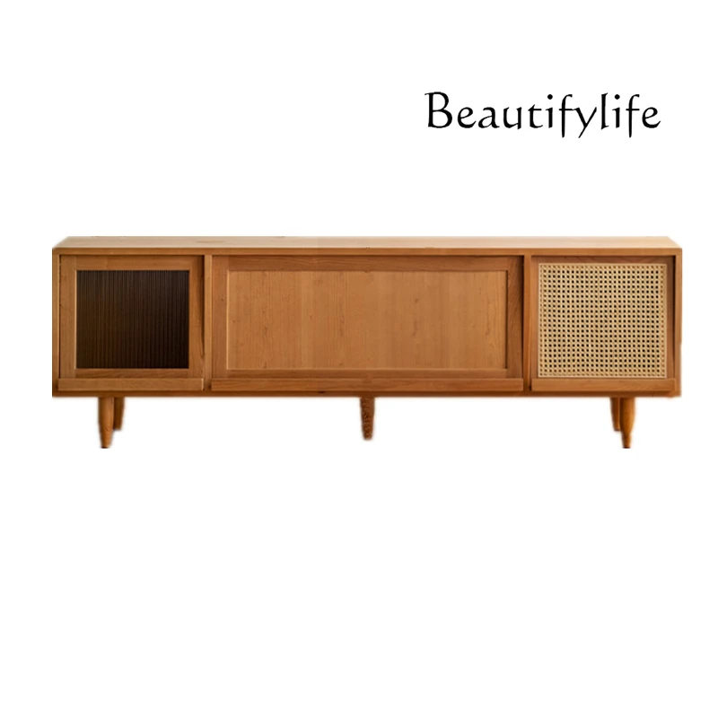 

Simple Solid Wood TV Cabinet Nordic Modern Audio-Visual Japanese Cherrywood Log Rattan Locker