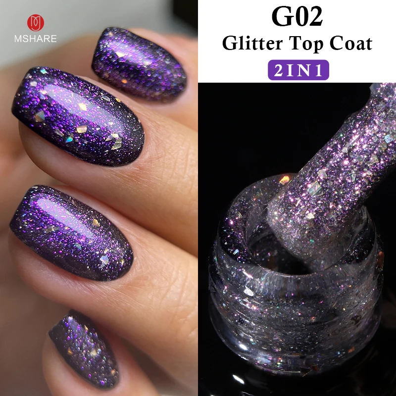 MSHARE Purple Glitter Top Coat Gel Polish Chameleon Flakes Nail Gels Shiny Sequins Soak Off UV LED Nail Art 10ml