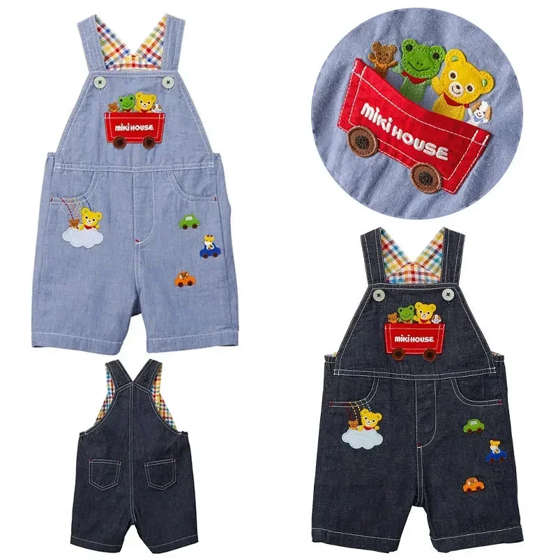 

Boys And Girls Summer 2022 Cartoon Bear Car Children Denim Overalls Shorts Bear Deer Driving Short-Sleeved Polo Shirt T-Shirt