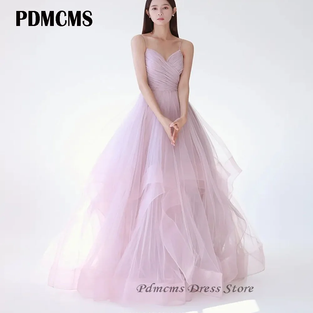 SSYTENS Tulle A Line Pricess Party Dresses For Wedding V Neck Spaghetti Straps Ruffles Evening Dress Korea Prom Gowns vestidos