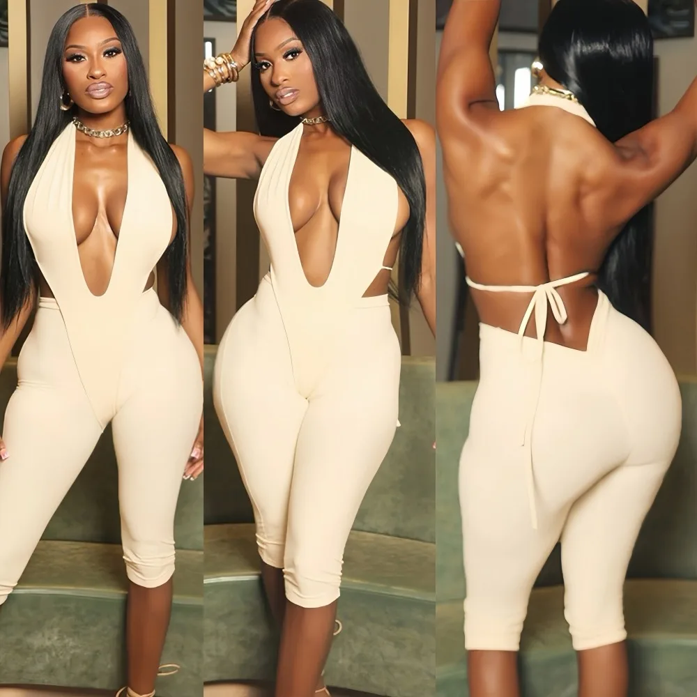 

FAGADOER Spring New Sexy Solid Color Bodycon Jumpsuits Woman Halter Deep V-neck Backless Rompers Female Streetwear Overalls 2026